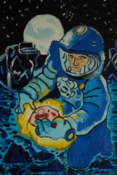 Painting titled "an astronaut who fo…" by Nick Kaliberda, Original Artwork, Oil Mounted on Wood Stretcher frame