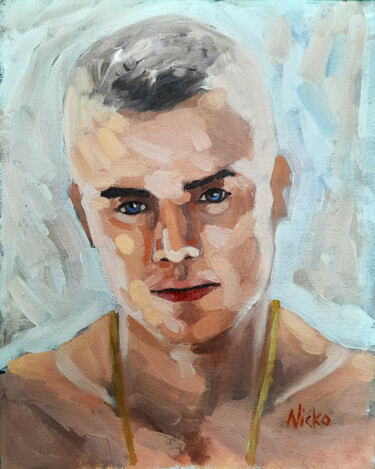 Painting titled "OLIVIER" by Nicko, Original Artwork, Oil Mounted on Cardboard