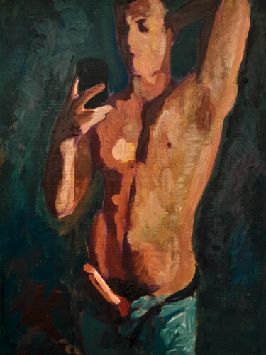Painting titled "NARCISSE MAN 1" by Nicko, Original Artwork, Oil Mounted on Cardboard