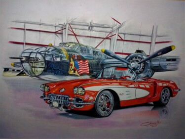 Peinture intitulée "B-25 and Corvette" par Nicky Chiarello, Œuvre d'art originale, Crayon