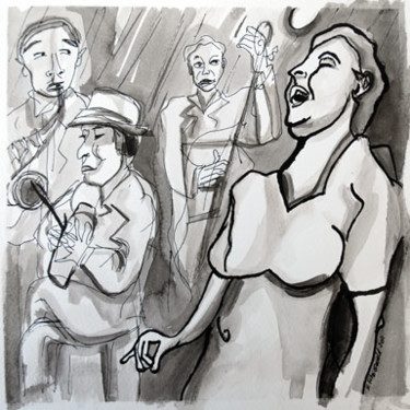 Dessin intitulée "Lady Sings The Blues" par Nicky Fitzgerald, Œuvre d'art originale, Encre