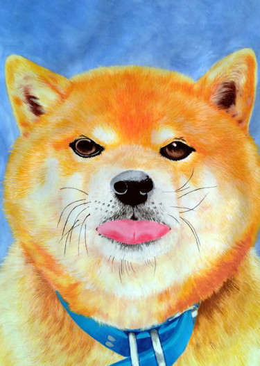 Ζωγραφική με τίτλο "Naughty Japanese Dog" από J Kong, Αυθεντικά έργα τέχνης, Γκουάς
