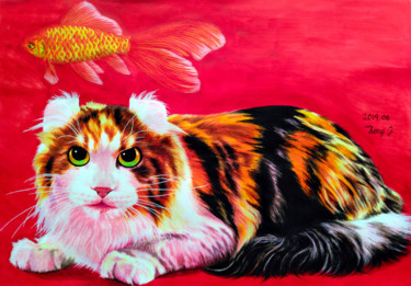 Pintura titulada "want fish" por J Kong, Obra de arte original, Gouache