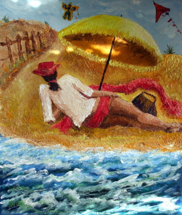 Malerei mit dem Titel "SEULE SUR LA PLAGE" von Nicodi, Original-Kunstwerk, Acryl