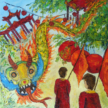 Painting titled "NOUVEL AN CHINOIS" by Nicodi, Original Artwork, Oil
