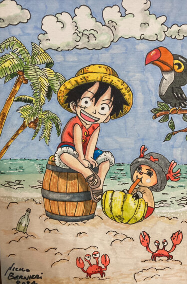Dessin intitulée "One Piece on beach" par Nicola Bernieri, Œuvre d'art originale, Marqueur Monté sur Verre