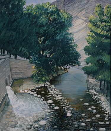 Painting titled "fiume Tronto alle T…" by Nicola Romilio, Original Artwork, Oil Mounted on Wood Stretcher frame