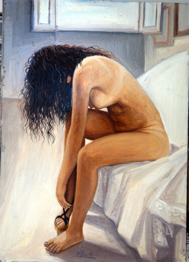 Painting titled "Nudo di donna" by Nicola Romilio, Original Artwork, Oil Mounted on Wood Stretcher frame