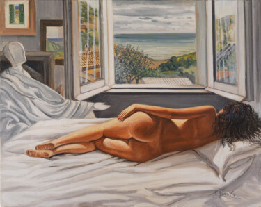 Painting titled "Nudo di donna su le…" by Nicola Romilio, Original Artwork, Oil Mounted on Wood Stretcher frame