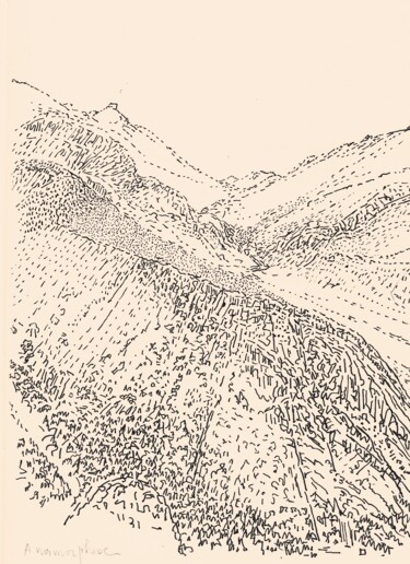 Dibujo titulada "Anamorphose alpine" por Nicolas Boldych, Obra de arte original, Rotulador