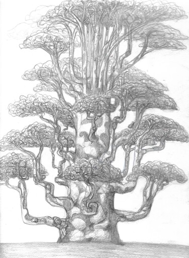 Drawing titled "Arbre à nuages" by Nicolas Boldych, Original Artwork, Pencil