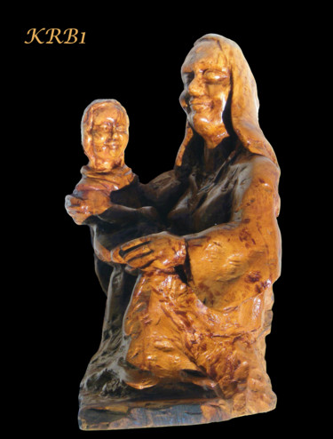 Sculptuur getiteld "Sainte Anne et Marie" door Nicolas Bouriot (KRB1), Origineel Kunstwerk, Hout