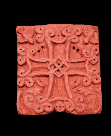 Sculpture titled "Khachkar Simply Red" by Nicolas Bouriot (KRB1), Original Artwork, Stone