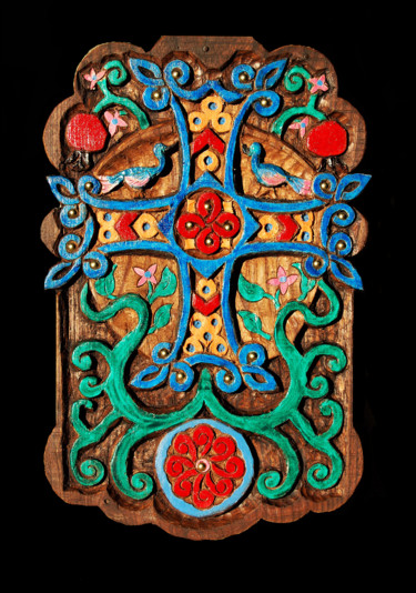 Escultura titulada "Croix arménienne Hé…" por Nicolas Bouriot (KRB1), Obra de arte original, Madera