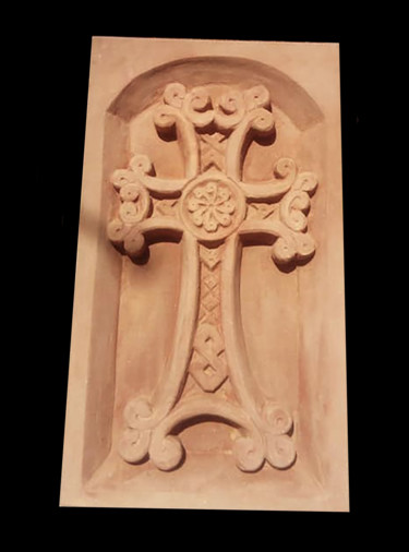 Skulptur mit dem Titel "Khachkar Simple Red" von Nicolas Bouriot (KRB1), Original-Kunstwerk, Stein