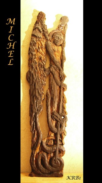Skulptur mit dem Titel "Archange Michel" von Nicolas Bouriot (KRB1), Original-Kunstwerk, Holz