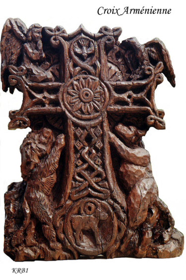 Skulptur mit dem Titel "Croix arménienne" von Nicolas Bouriot (KRB1), Original-Kunstwerk, Holz