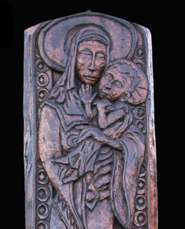 Sculptuur getiteld "Vierge de Tendresse" door Nicolas Bouriot (KRB1), Origineel Kunstwerk, Hout