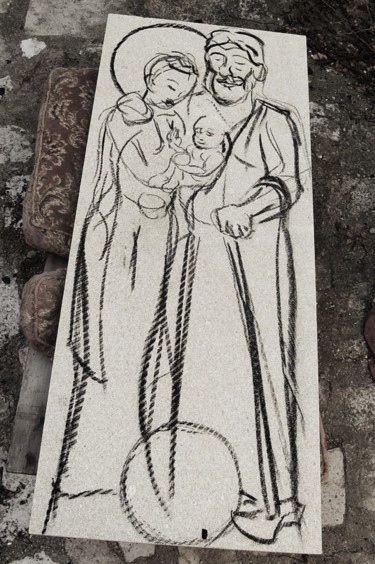 Γλυπτική με τίτλο "Sainte Famille" από Nicolas Bouriot (KRB1), Αυθεντικά έργα τέχνης, Πέτρα