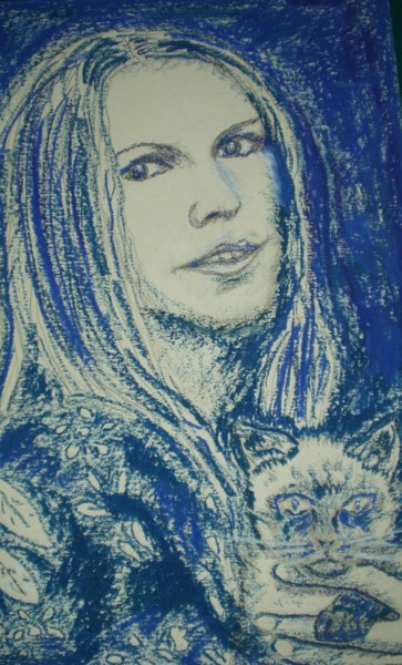 Painting titled "Jeune femme au chat" by Nicolas Cavuoto, Original Artwork, Pastel