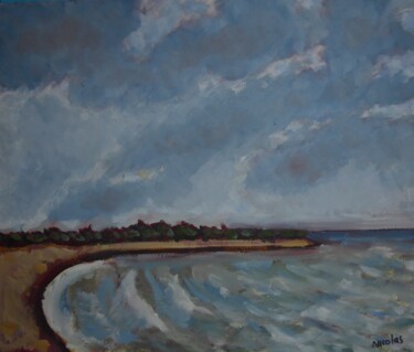 Painting titled "Plage d'avril" by Nicolas Cavuoto, Original Artwork, Oil