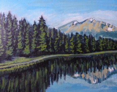 Painting titled "Le petit lac (1)" by Nicolas Cavuoto, Original Artwork, Oil Mounted on Wood Stretcher frame