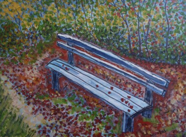 Painting titled "Le vieux banc" by Nicolas Cavuoto, Original Artwork, Oil Mounted on Wood Stretcher frame