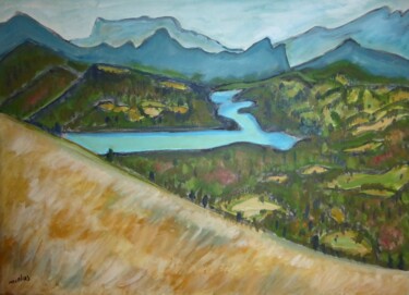 Painting titled "Vue sur le lac du S…" by Nicolas Cavuoto, Original Artwork, Oil Mounted on Wood Stretcher frame