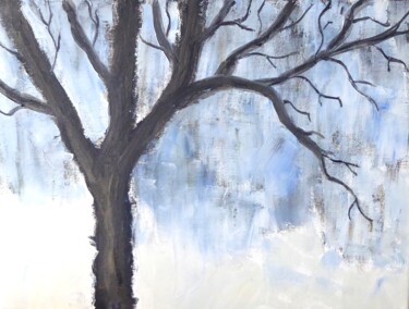 Painting titled "L'arbre solitaire" by Nicolas Cavuoto, Original Artwork, Oil Mounted on Wood Stretcher frame