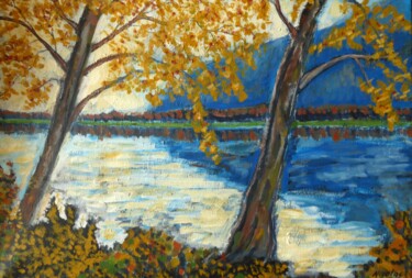 Painting titled "Le lac de Valbonnai…" by Nicolas Cavuoto, Original Artwork, Oil Mounted on Wood Stretcher frame