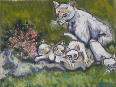 Painting titled "Chatte et chatons" by Nicolas Cavuoto, Original Artwork, Oil