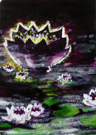 Painting titled ""Le Lotus Noir 01"" by Nicolas Chambon (Crea-ture), Original Artwork, Acrylic Mounted on Cardboard