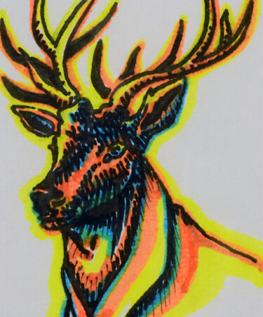 Drawing titled "Cerf" by Nicolas Chambon (Crea-ture), Original Artwork, Marker Mounted on Cardboard