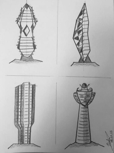 「Alien Towers」というタイトルの描画 Nicolas Chammatによって, オリジナルのアートワーク, 鉛筆