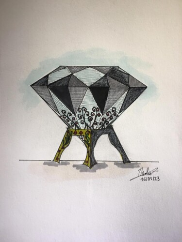 Zeichnungen mit dem Titel "Diamond Building" von Nicolas Chammat, Original-Kunstwerk, Marker