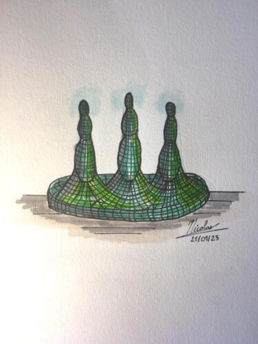 Рисунок под названием "Three Sisters Towers" - Nicolas Chammat, Подлинное произведение искусства, Маркер