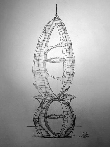 Σχέδιο με τίτλο "Sail Tower" από Nicolas Chammat, Αυθεντικά έργα τέχνης, Γραφίτης