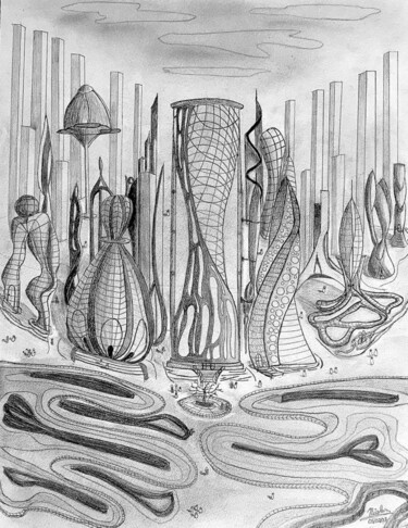 Desenho intitulada "Futuristic City" por Nicolas Chammat, Obras de arte originais, Grafite