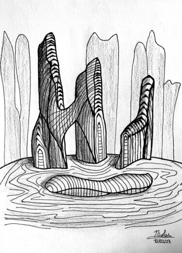 Dibujo titulada "Rocks Down Town" por Nicolas Chammat, Obra de arte original, Rotulador