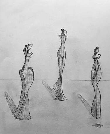 Рисунок под названием "Three Sculptures To…" - Nicolas Chammat, Подлинное произведение искусства, Графит