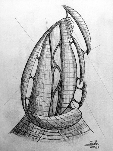 Drawing titled "Shell Building" by Nicolas Chammat, Original Artwork, Graphite
