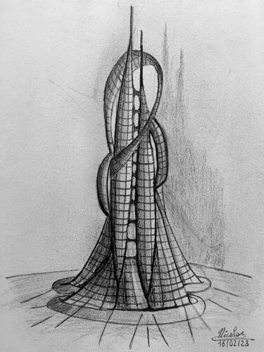 Рисунок под названием "Twin Towers" - Nicolas Chammat, Подлинное произведение искусства, Графит