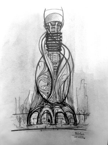 Zeichnungen mit dem Titel "KITT Building" von Nicolas Chammat, Original-Kunstwerk, Bleistift