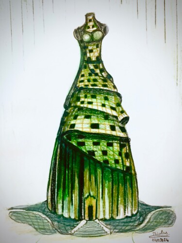 Desenho intitulada "Indigo Building" por Nicolas Chammat, Obras de arte originais, Lápis