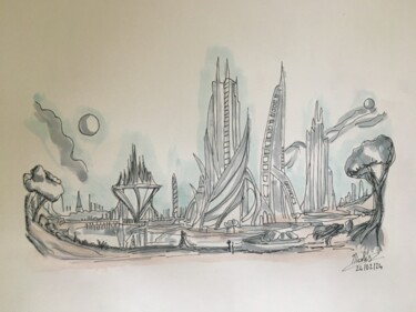 Tekening getiteld "Solaria City" door Nicolas Chammat, Origineel Kunstwerk, Marker