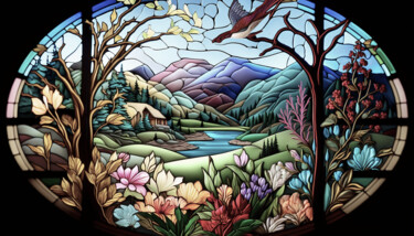 Drawing titled "Vitrail Landscape" by Nicolas Chammat, Original Artwork, Stained glass painting