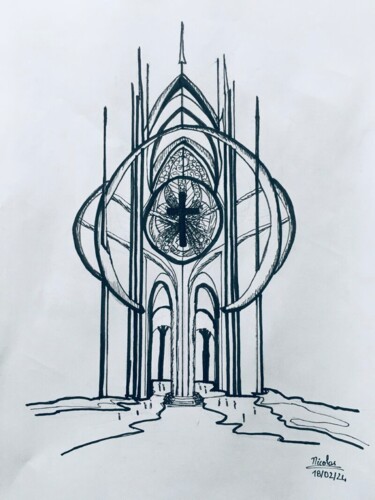 Zeichnungen mit dem Titel "Church Facade" von Nicolas Chammat, Original-Kunstwerk, Marker