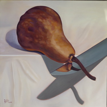 Malerei mit dem Titel "Pear and Knife" von Nicolas Gheur, Original-Kunstwerk, Öl