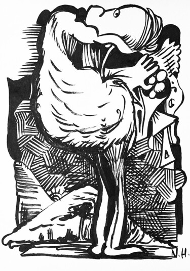 Рисунок под названием "L'oiseau maléfique" - Nicolas Hée, Подлинное произведение искусства, Чернила