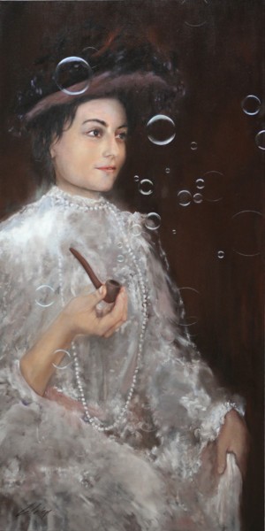 Painting titled "Femme à la pipe #1" by Lebelen, Original Artwork, Oil Mounted on Wood Stretcher frame